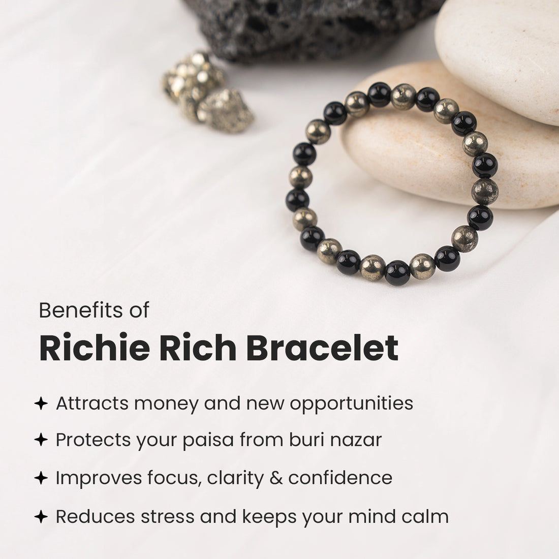 Richie Rich Bracelet with Pyrite & Black obsidian beads